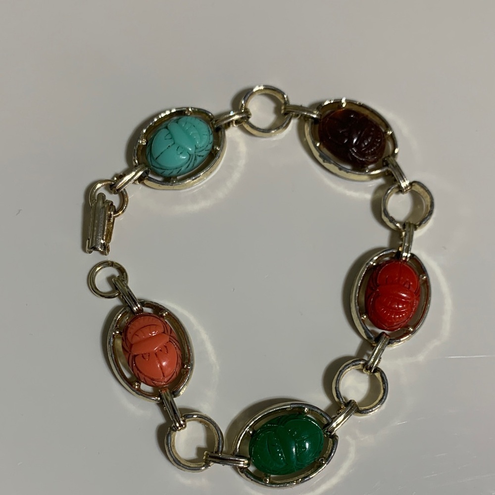 Vintage Scarab Bracelet Egyptian Revival Multicolor 7.5”